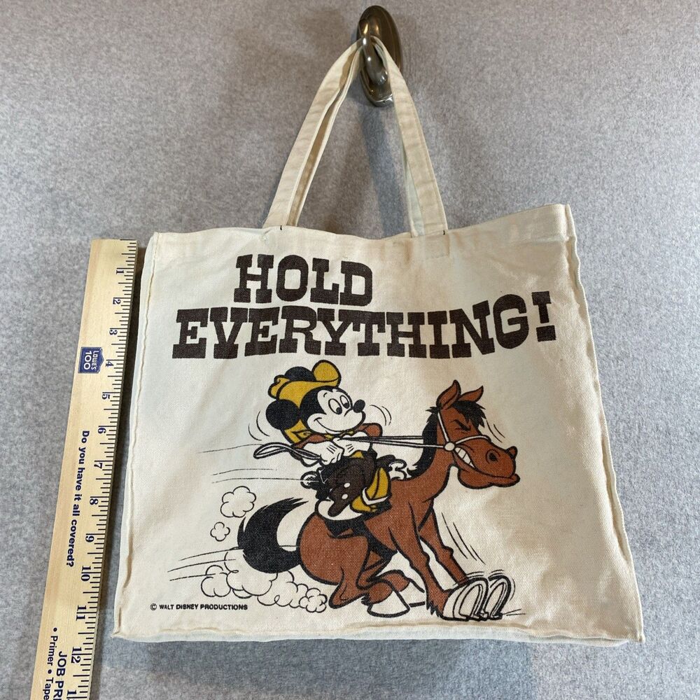 Vintage Disney Mickey Mouse Canvas Tote Bag "Hold Everything!" Cowboy Cream Rare - Picture 2 of 10